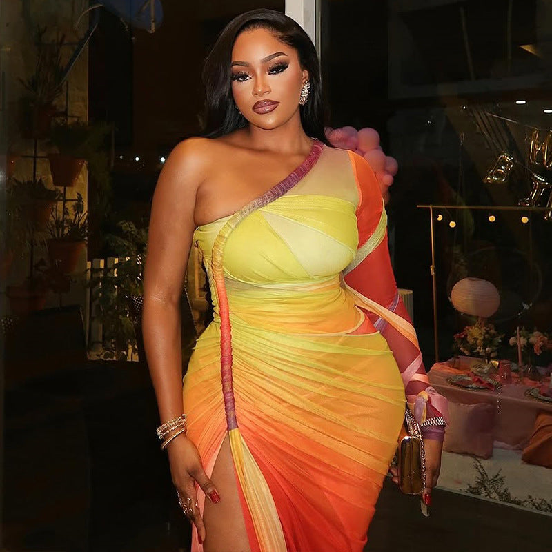 Women Clothing Pleated Color Matching Slit Slim Fitting Asymmetric Diagonal Collar Shoulder Long Sleeve Dress Ragazza