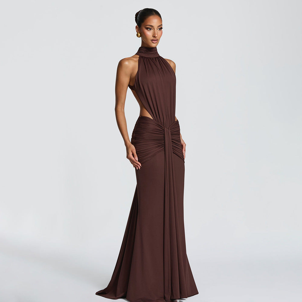 High Neck Halter Pleated Backless Maxi Dress Bella Mia