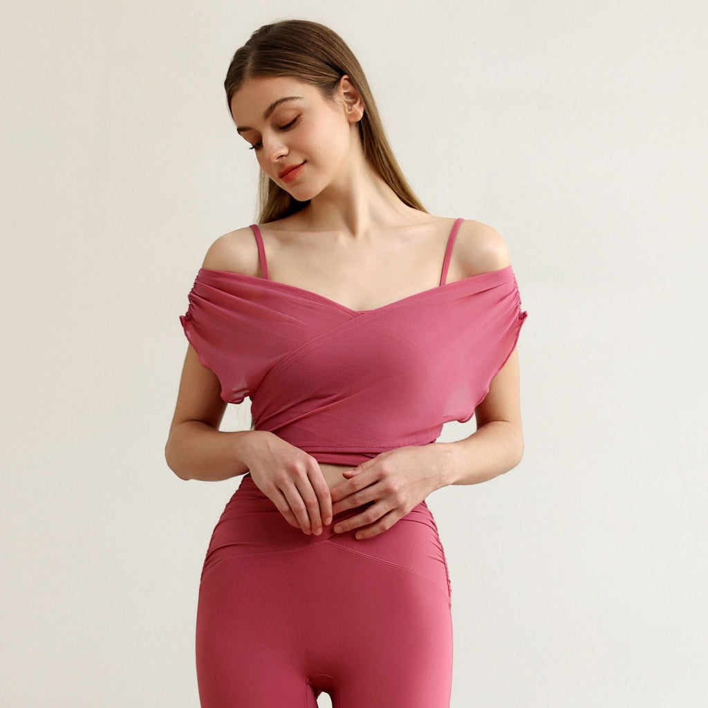 Mesh Yarn False Two Pieces Sports Top Women Yoga Clothes Vest with Chest Pad Sexy Breathable Workout Bra T shirt