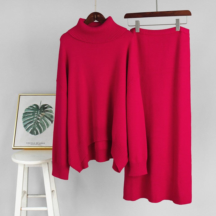 Turtleneck Loose Knit Sweater & Skirt Two-Piece Set Bella Mia