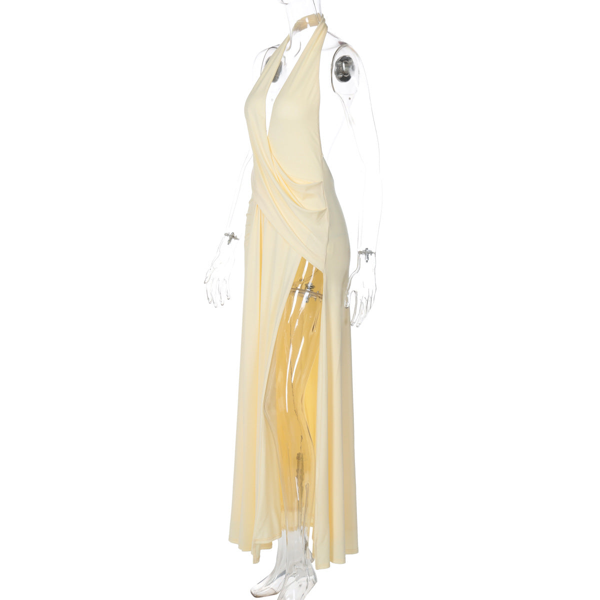 Women Clothing Summer Sexy Deep V Plunge Halter Pleated Backless Irregular Asymmetric Dress