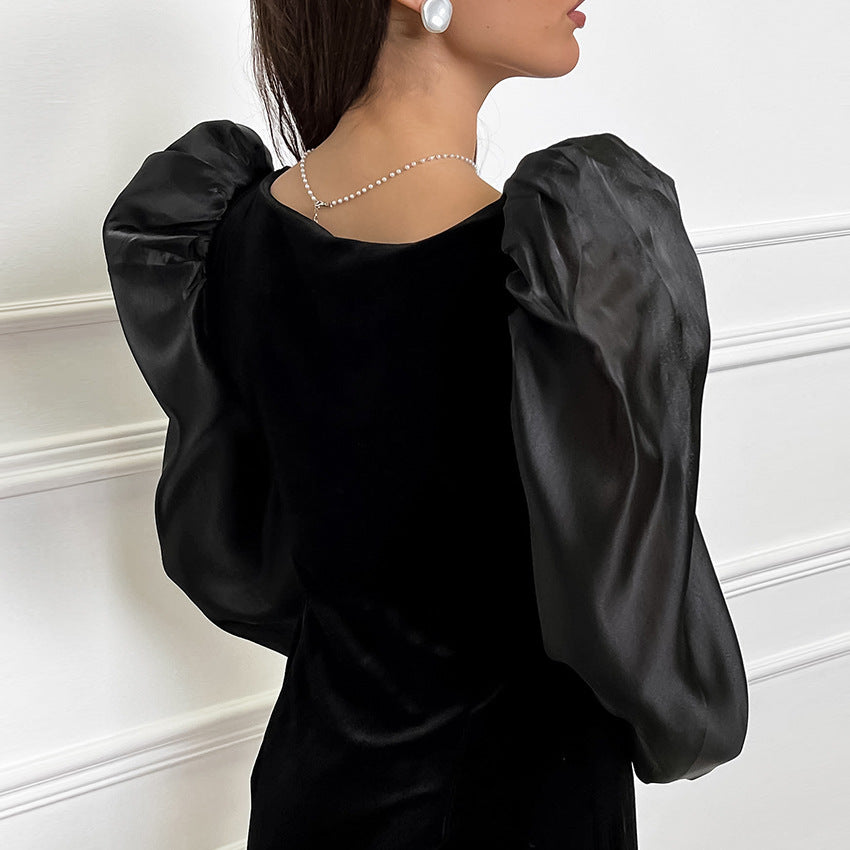 Square Collar Puff Sleeve Velvet Slim Fit Knit Dress Ragazza