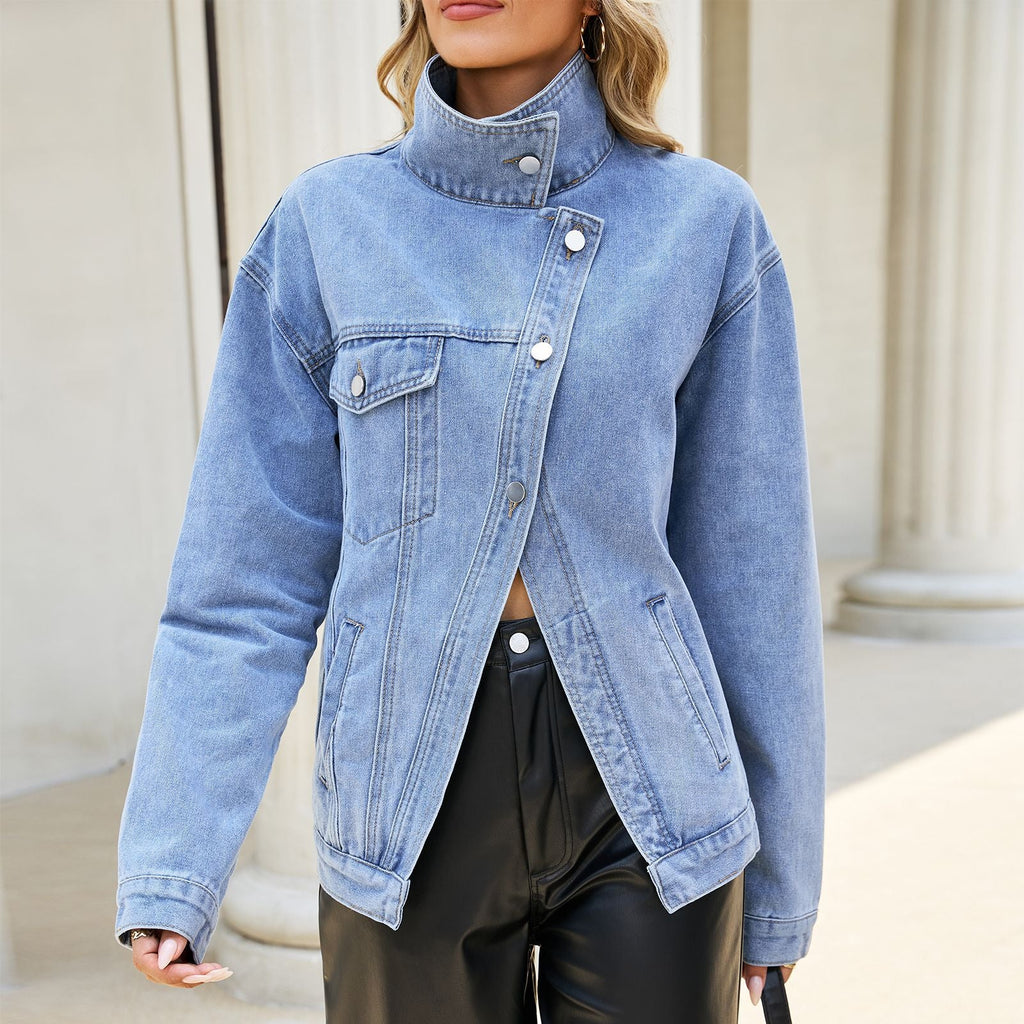 Asymmetric Oblique Placket Metal Buckle Multi Pocket Drop Shoulder Washed Denim Jacket Women Bella Mia