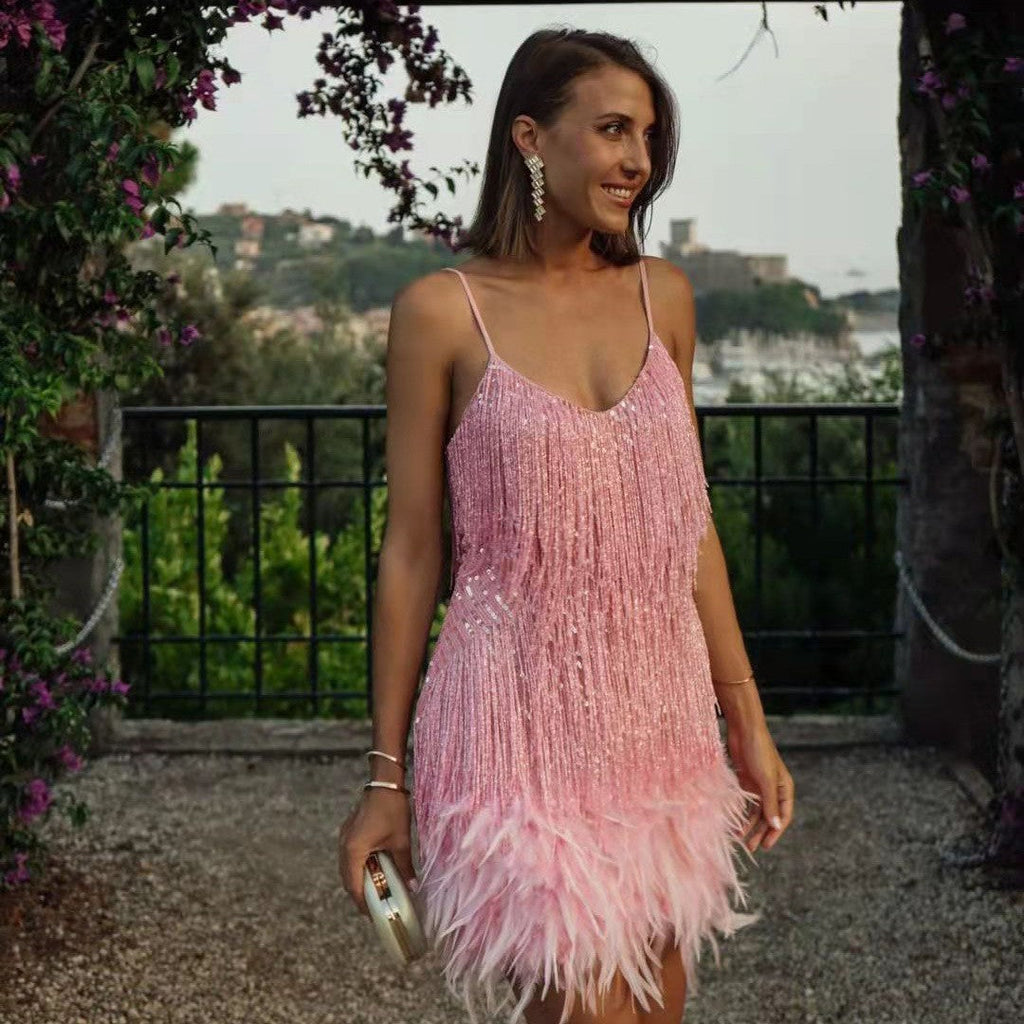 Tassel Sequ Multi Color Birthday Party Sexy V neck Strap Feather Stitching Gown Dress