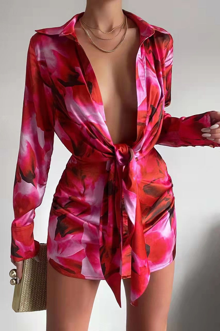 Green Floral Print Collared Long Sleeve Shirt Dress