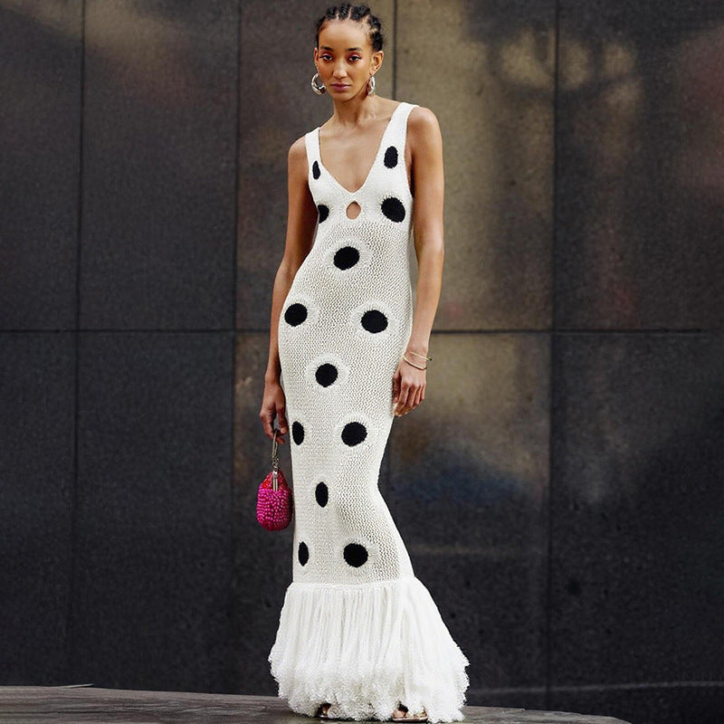 Autumn Sexy Hip Knitwear Dress Black Polka Dot Dress Swing Tassel Dress