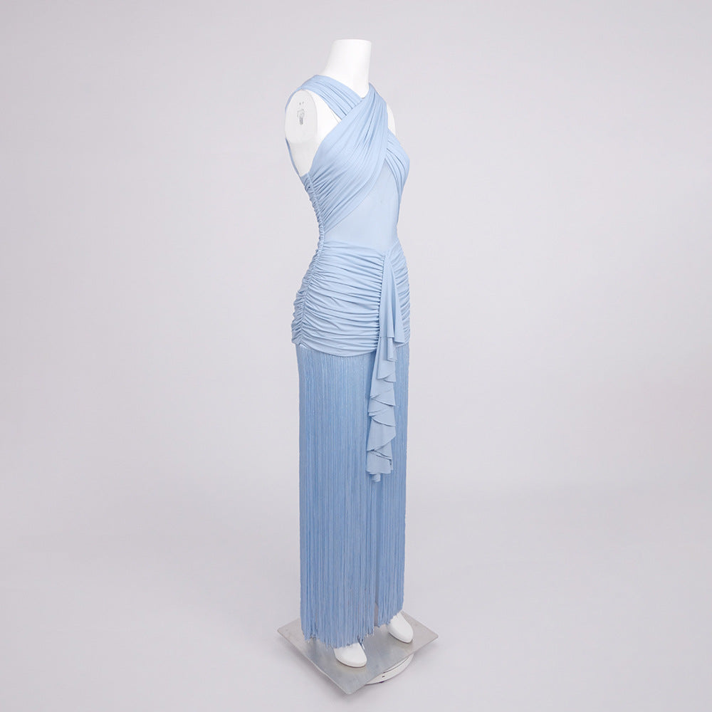 Pleated Mesh Cross-Front Dress