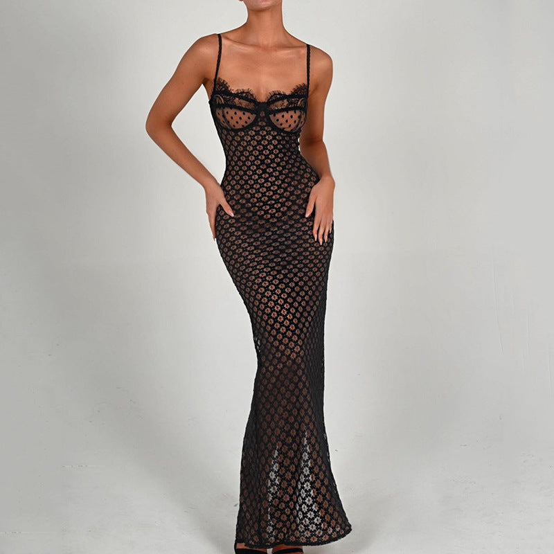 Lace Backless Polka Dot Suspender Split Tight Dress Bella Mia