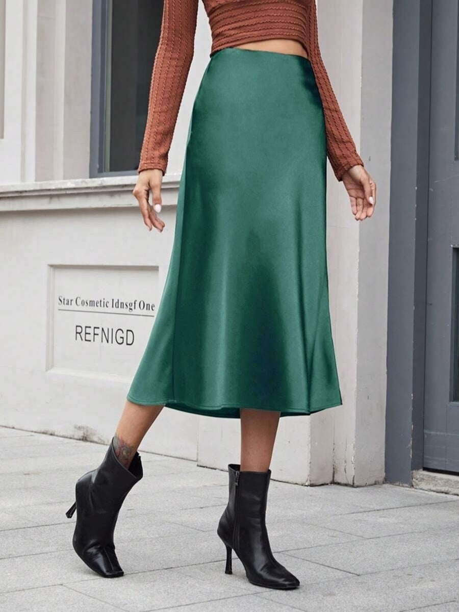 High Waist Zipper Satin Midi Skirt Bella Mia