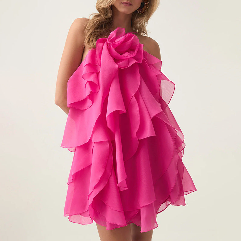 3D Floral Halter Backless Tie A-Line Mini Dress