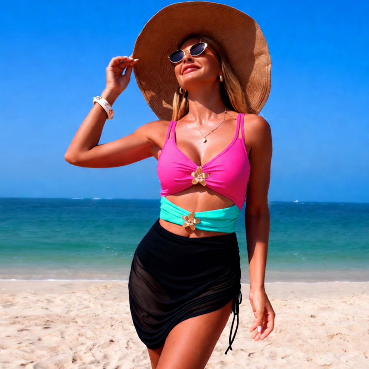 Color Block Mesh Cutout One-Piece Swimsuit Bella Mia