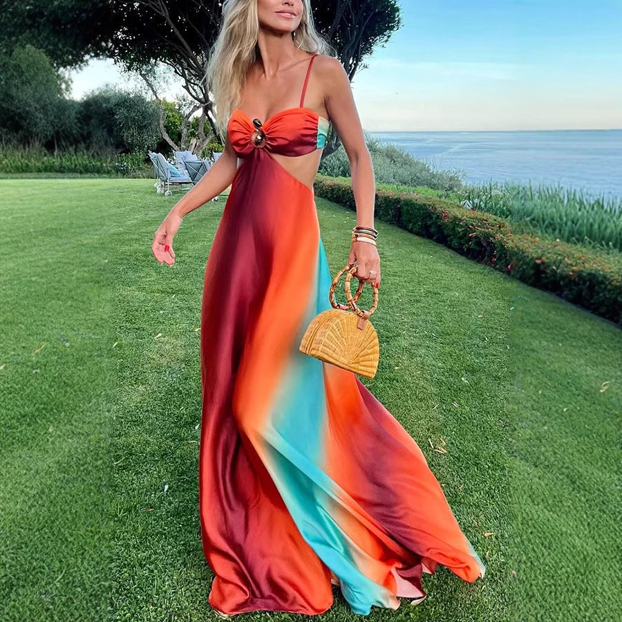 Ombré V-Neck Backless Tie Cami Maxi Dress