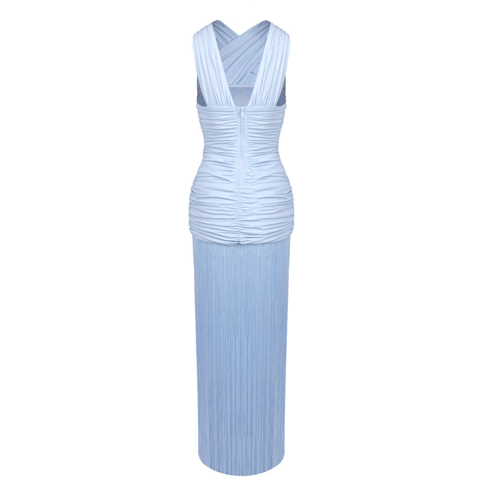 Pleated Mesh Cross-Front Dress