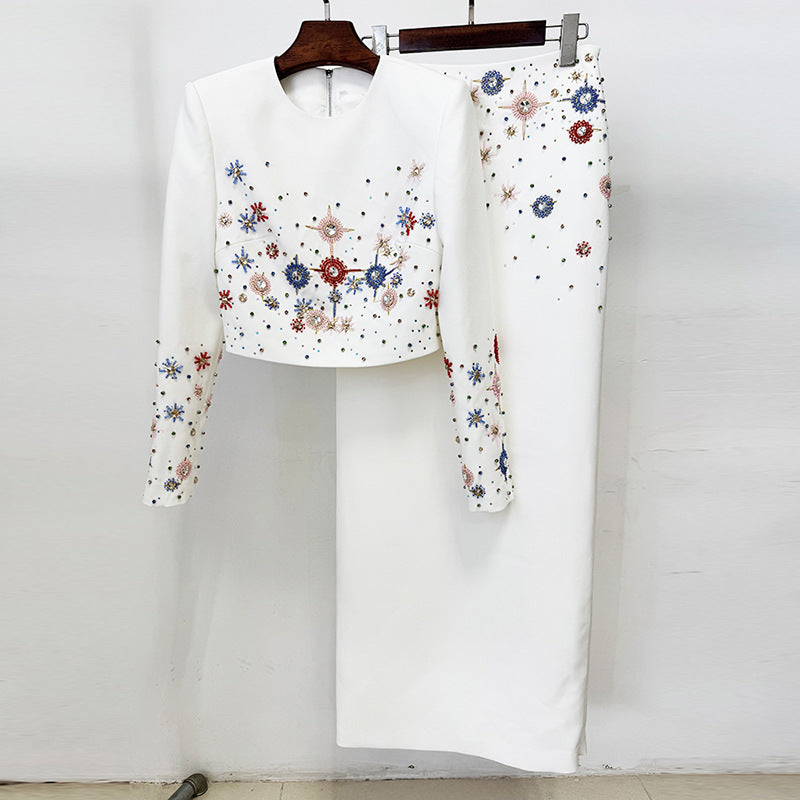 Women Rhinestone Beaded Short Top Skirt Two Piece Set Wanita Store