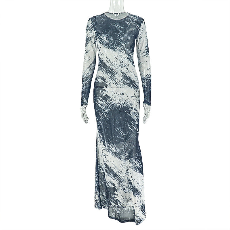 Personality Women Printed Wear Straight Hip Colorblock round Neck Long Sleeved Dress Ragazza