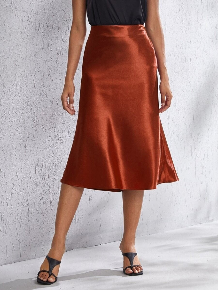High Waist Zipper Satin Midi Skirt Bella Mia
