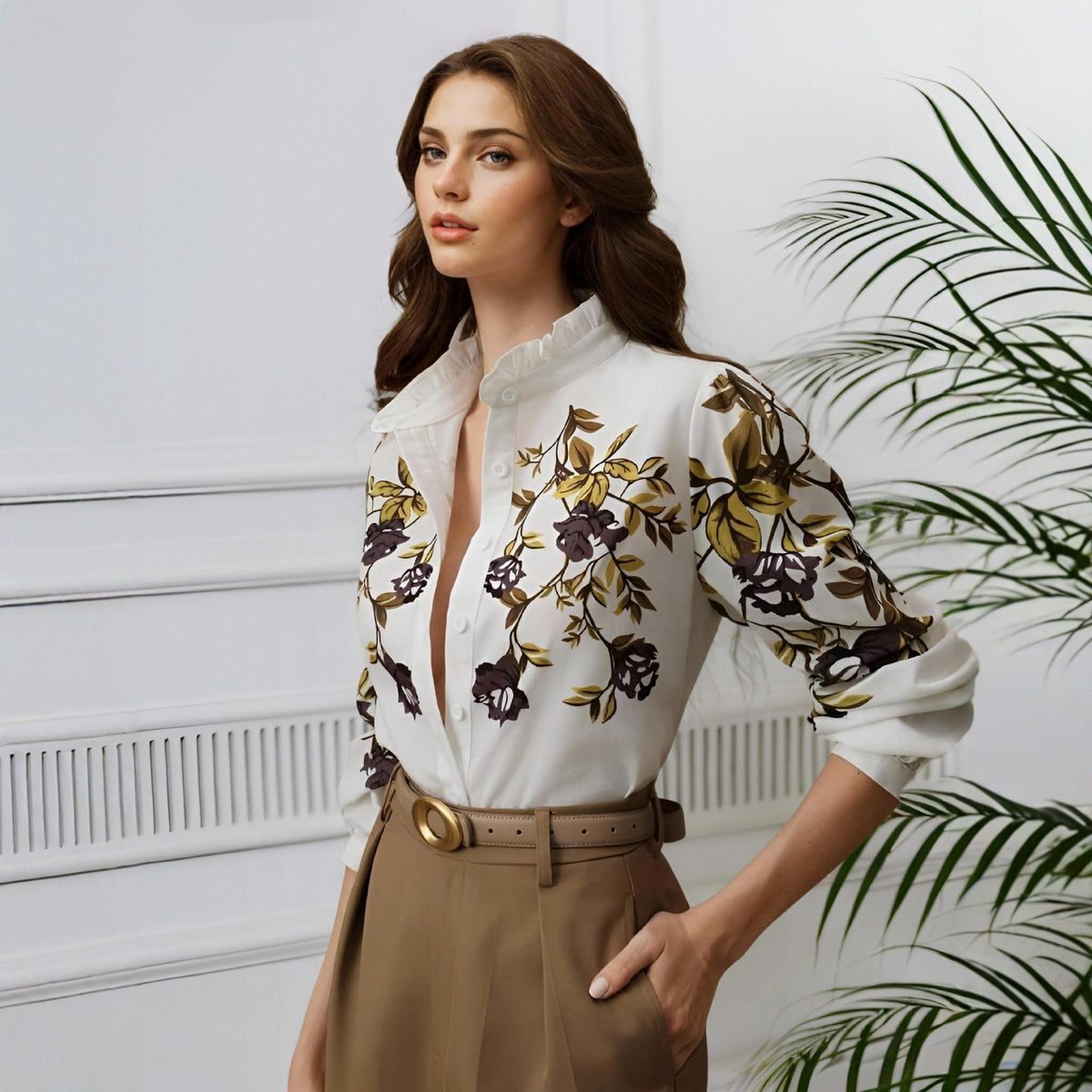 Women Clothing Office Printed Long Sleeved Shirt Wanita Store