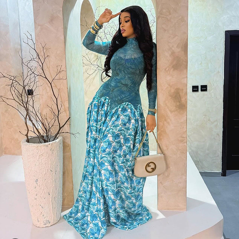 Printing Stitching Women Clothing Slightly Transparent Fresh A line Dress Turtleneck Elastic Slim Fit Long Sleeve Dress Ragazza