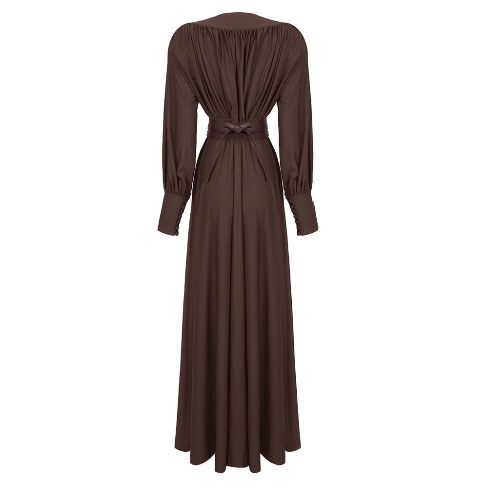 Spring Summer Chocolate Design Waist Seal Pleated Dress Brown Women Dress