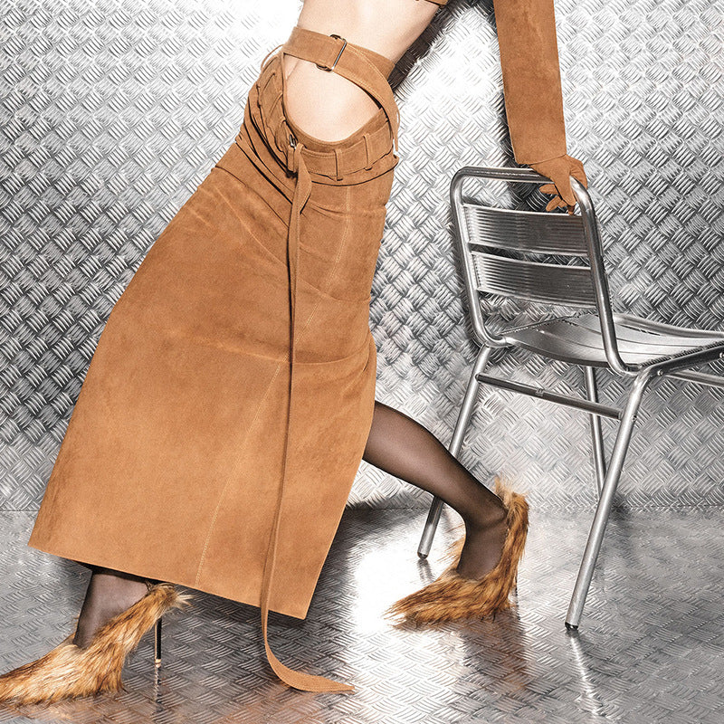 Asymmetric Belted Midi Pencil Skirt