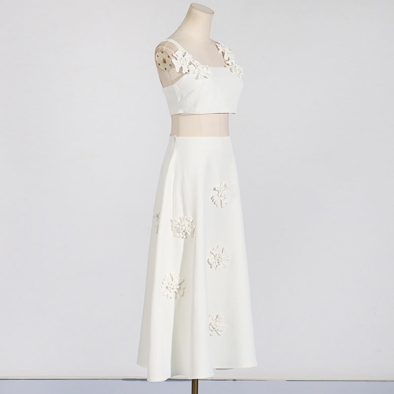Sexy Sexy Two Piece Set Patchwork Three Dimensional Floral Shoulder Strap Vest High Waist Skirt Set Women