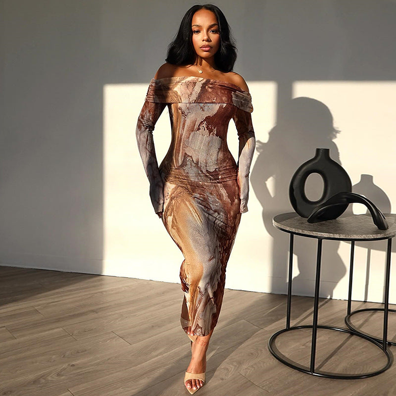 Women Clothing Vintage Print Sexy Off The Shoulder Long Sleeve One Step Dress Dress