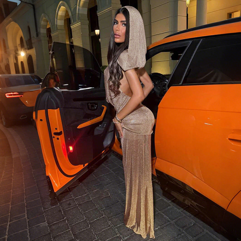 Autumn Winter Women Clothing Sexy Backless Slim Fit Hooded Deep V Plunge neck Sleeveless Dress