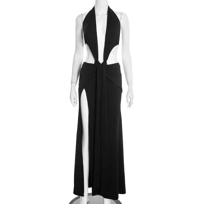Women Clothing Spring Solid Color Halter Sleeveless Sexy Backless Deep V Plunge Ribbon Maxi Dress Ragazza