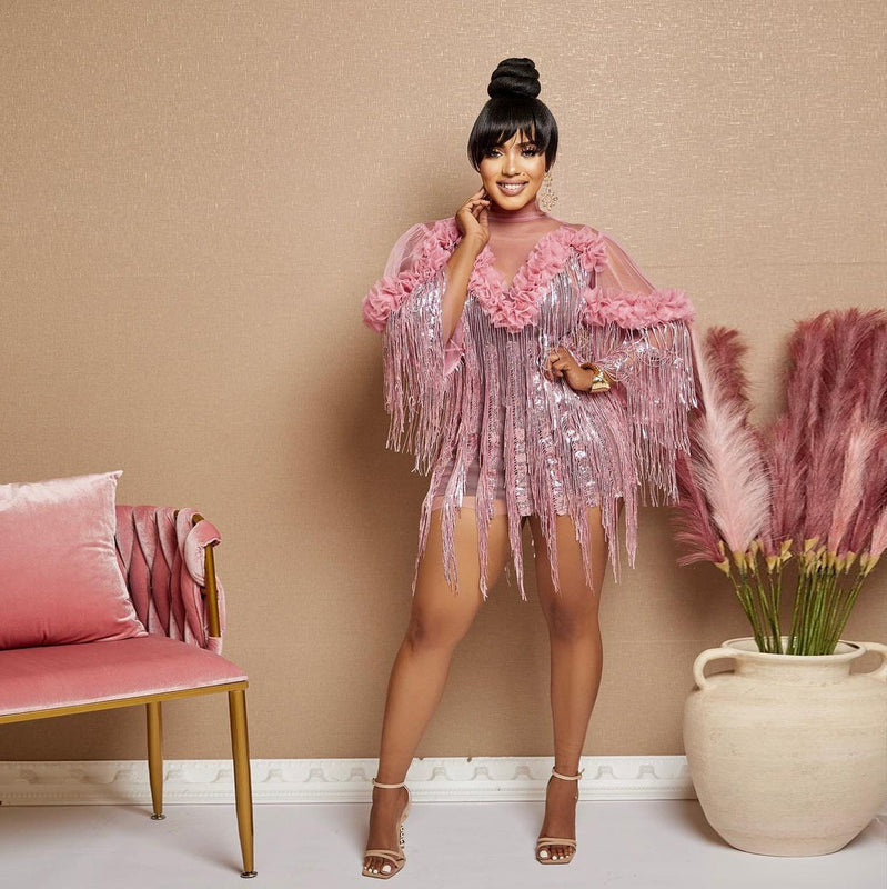 Sequin Fringe Mock Neck Long Sleeve Bodycon Mini Dress Bella Mia