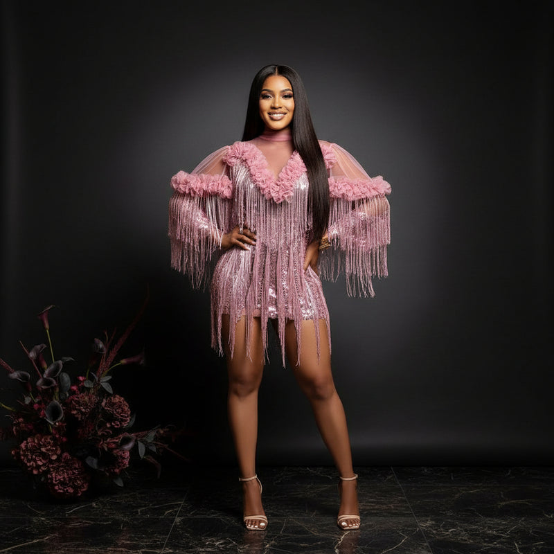 Sequin Fringe Mock Neck Long Sleeve Bodycon Mini Dress Bella Mia