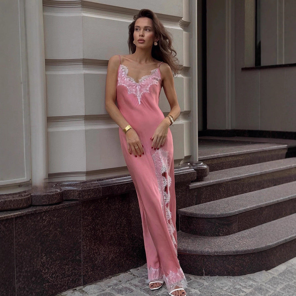 Lace Spaghetti Strap Maxi Dress Summer Artificial Silk Sexy Slit Stitching Lace Dress Women Ragazza