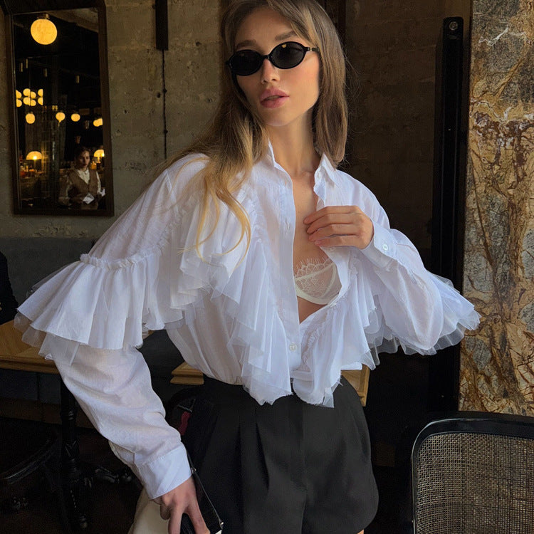 French Ruffle Polo Collar Long Sleeve Office Shirt Bella Mia