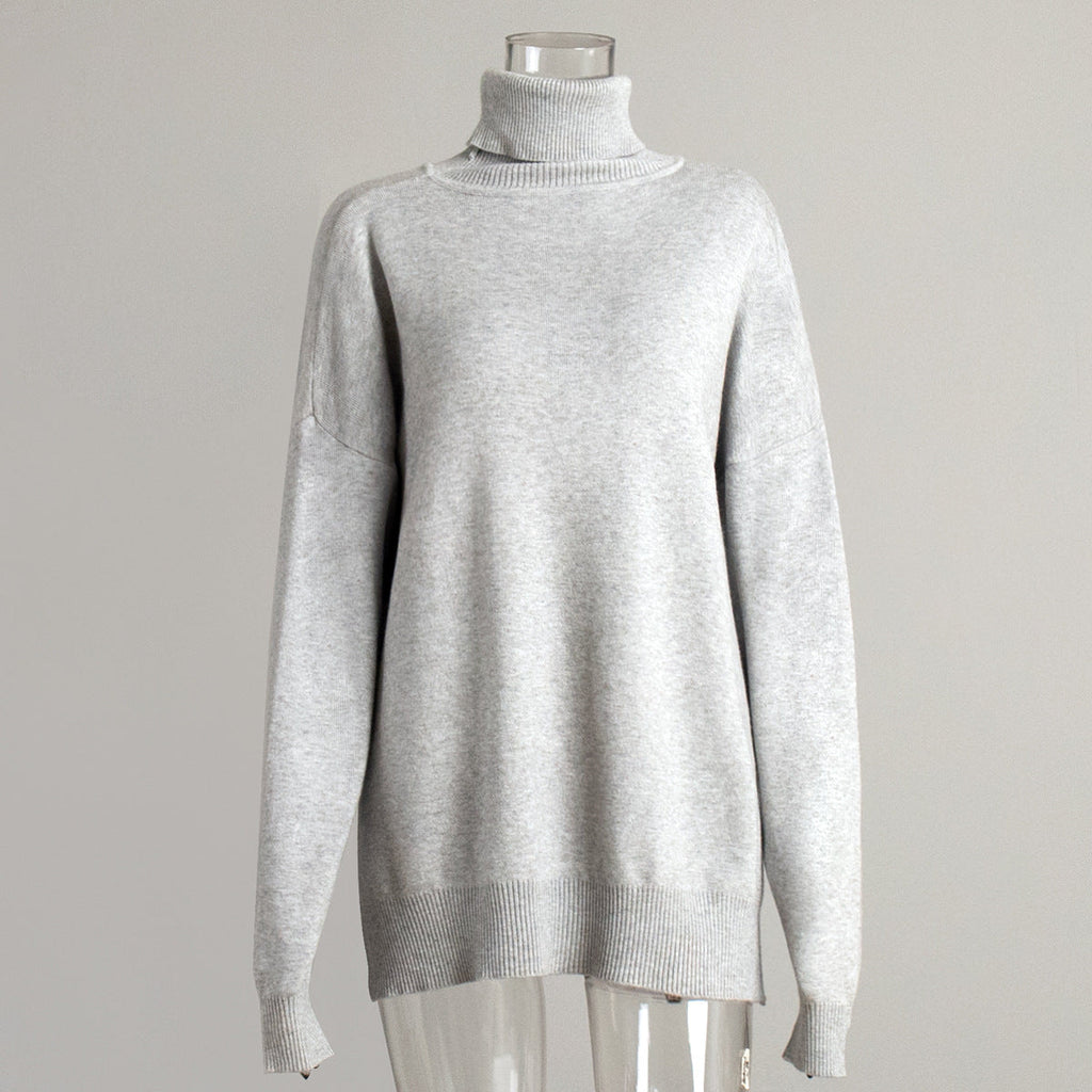 Turtleneck Slit Loose Solid Knit Sweater Bella Mia