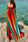 Ombré V-Neck Backless Tie Cami Maxi Dress