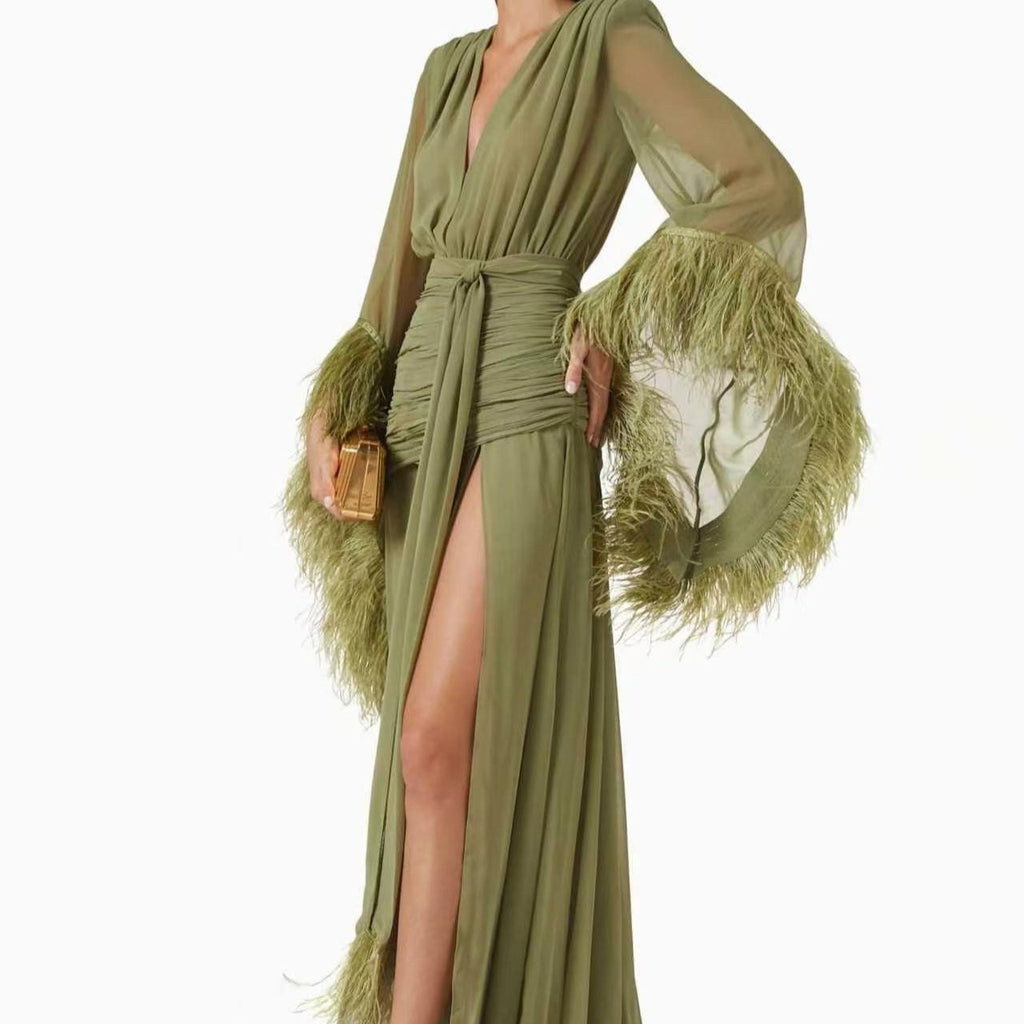 Spring Solid Color Evening Dress Long Sleeve Slim Dress
