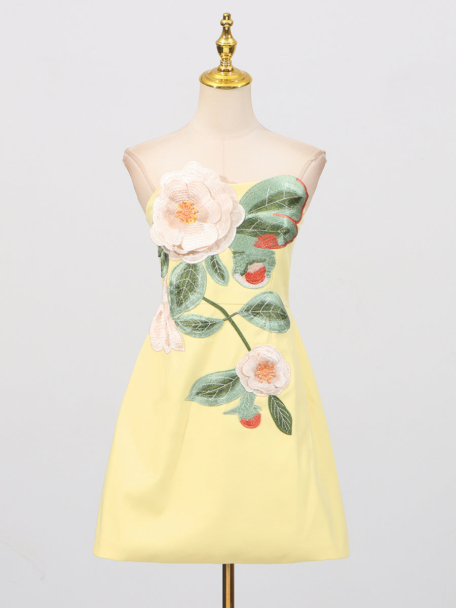 Summer Embroidery Three Dimensional Floral Sleeveless Tube Top Slimming Dress Women