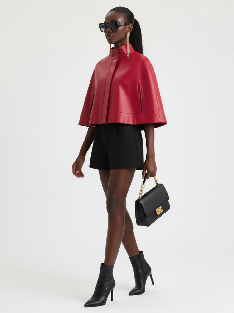 Greenwich Village Red Vegan Leather Cape Jacket