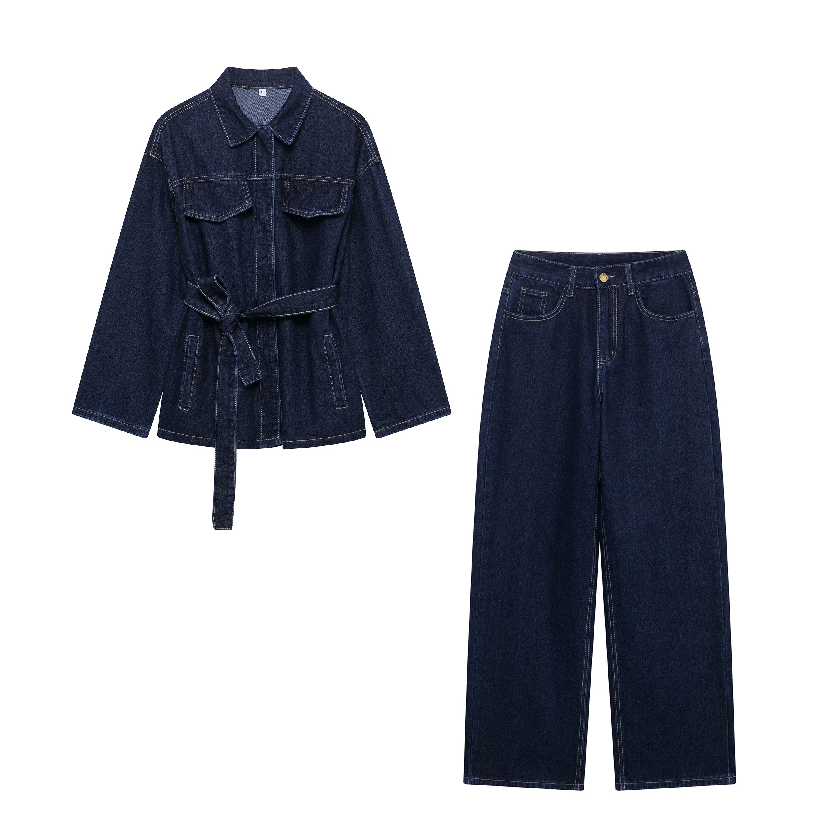 Belted Denim Jacket & Wide-Leg Jeans Set