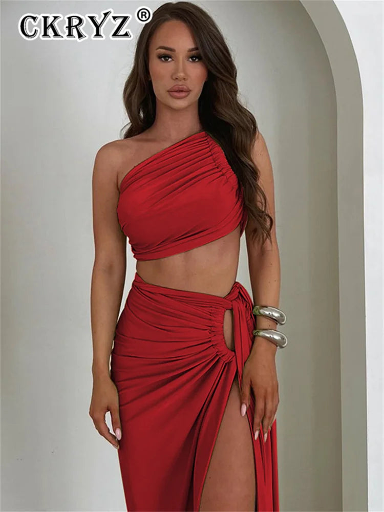 One-Shoulder Ruched Crop & Maxi Skirt Set