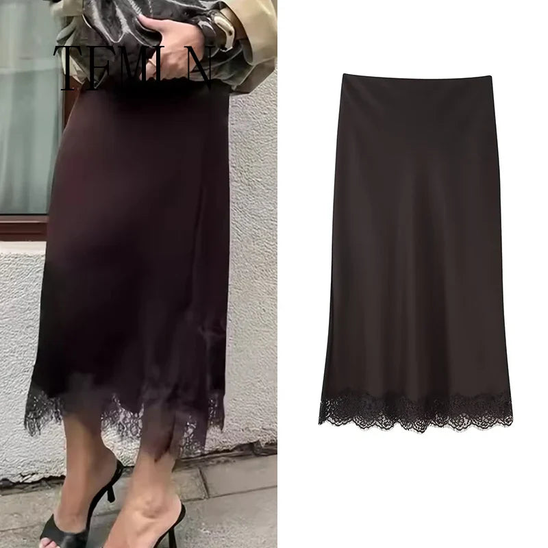 Lace-Hem Satin Midi Skirt