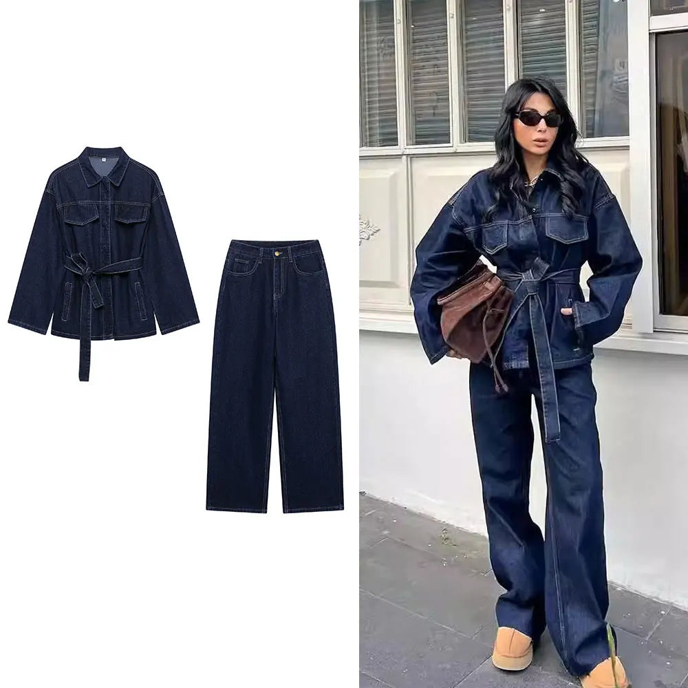 Belted Denim Jacket & Wide-Leg Jeans Set