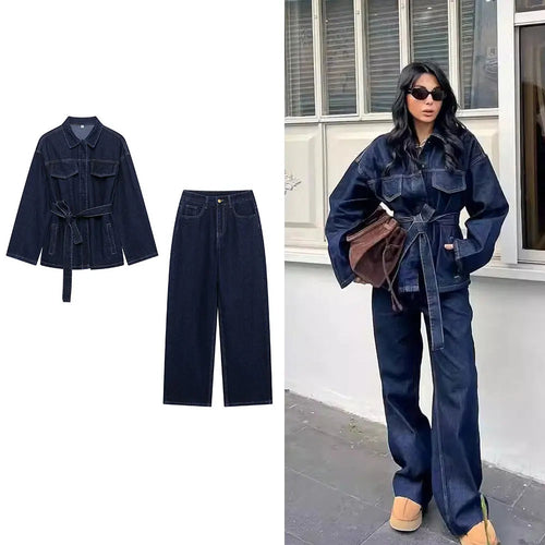 Belted Denim Jacket & Wide-Leg Jeans Set Urban Fashion Icon