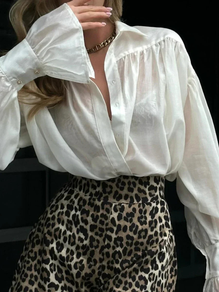 Sheer Bishop-Sleeve Chiffon Blouse