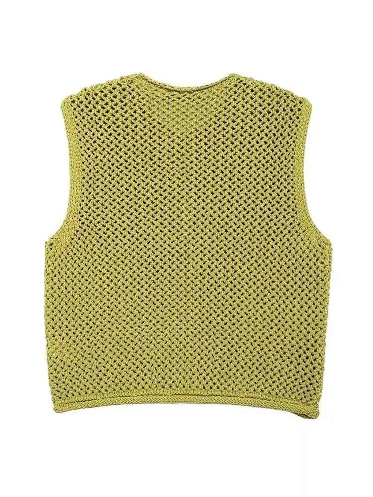 Open-Knit Crochet Vest with Gold Buttons