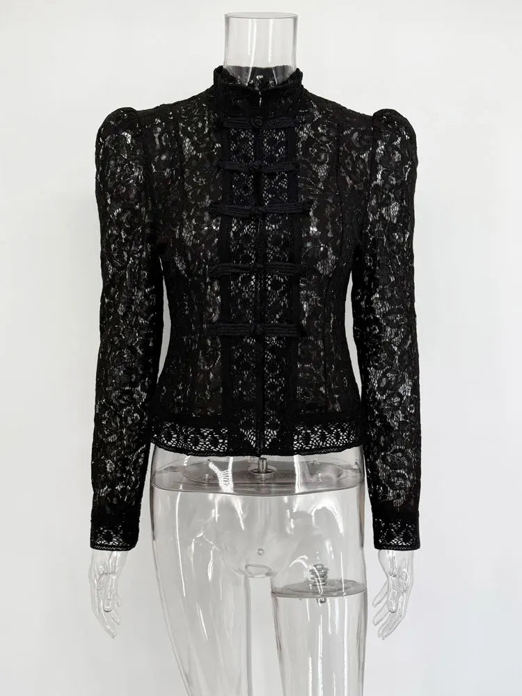 Tossy Summer Lace Printed Shirts Tops Female Hollow Out Fashion Commute Vintage See-Through Blouse Women's Lace Shrug Shirts New Urban Fashion Icon