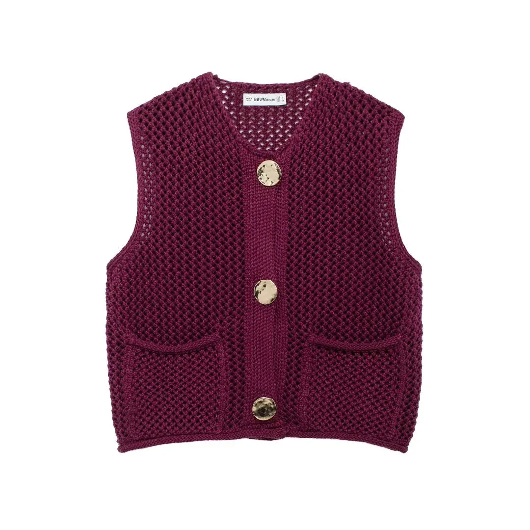 Open-Knit Crochet Vest with Gold Buttons