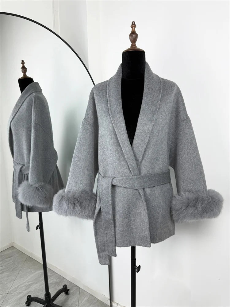 Belted Wool Coat with Fox Fur Cuffs