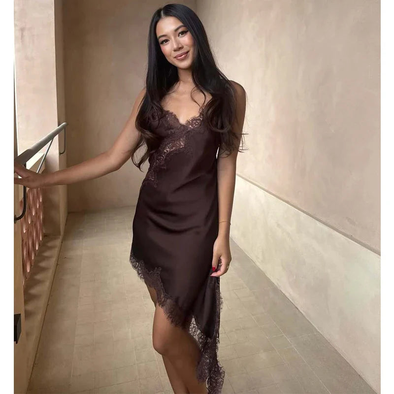 Lace-Trim Asymmetric Satin Slip Dress