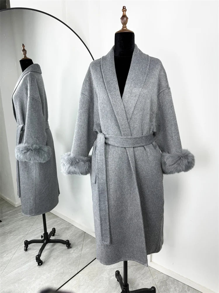 Belted Wool Coat with Fox Fur Cuffs