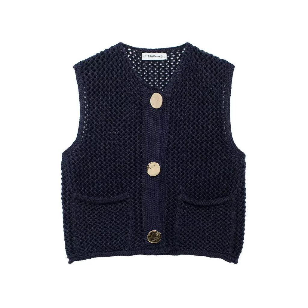 Open-Knit Crochet Vest with Gold Buttons